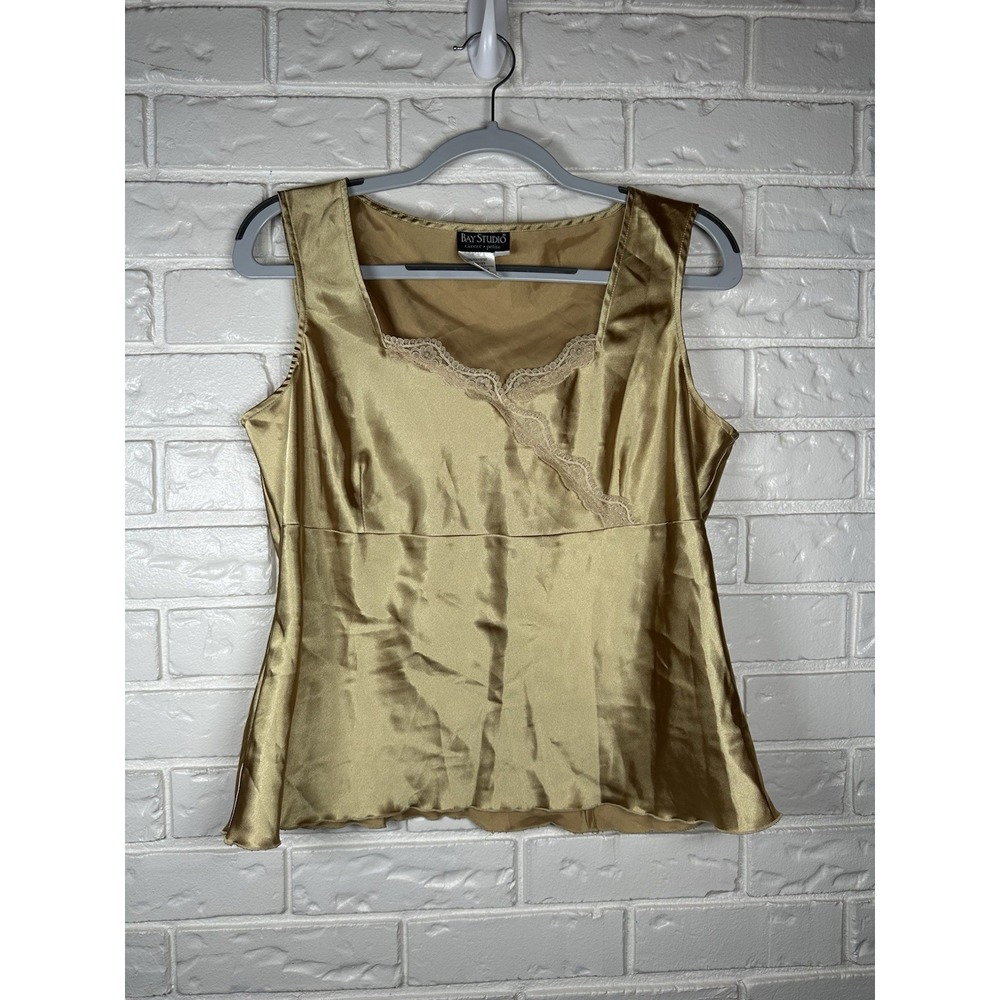 Vintage Bay Studio PM Gold Satin Lace Tank Top Y2K Career Petite
